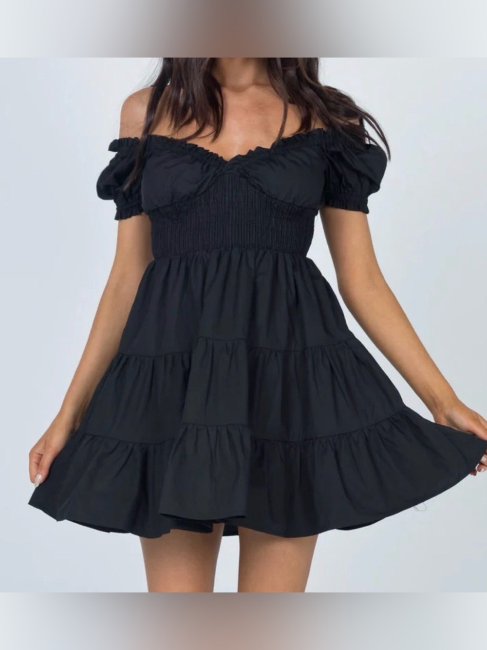Princess Polly Daniela Mini Dress Black Size 6 Puff Sleeve Tiered Smocked